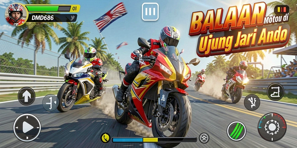 Tangkapan layar utama DMD686 yang menampilkan aksi balapan motor yang intens.