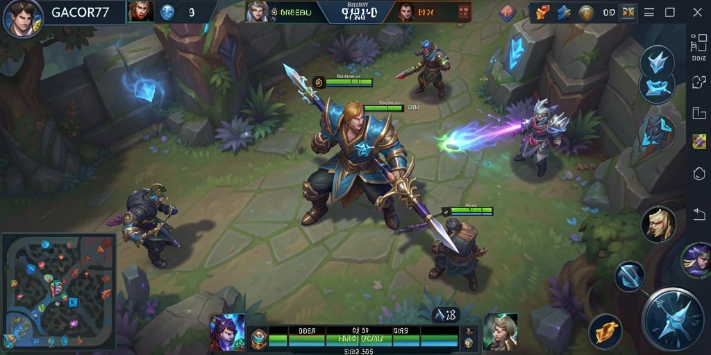 Screenshot GACOR77 menampilkan pertempuran intens di arena MOBA.