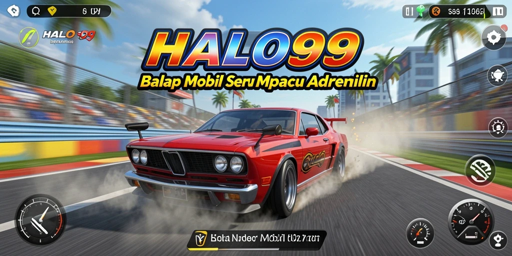 Tangkapan layar utama HALO99 menampilkan momen seru balapan mobil di trek yang menantang.