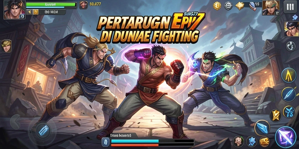 Screenshot utama SURGA77 menampilkan pertarungan intens antar karakter.