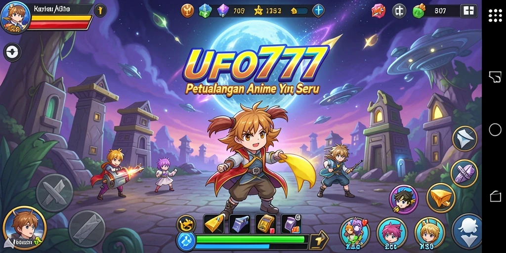 Tampilan gameplay seru dari UFO777 menunjukkan aksi karakter anime.